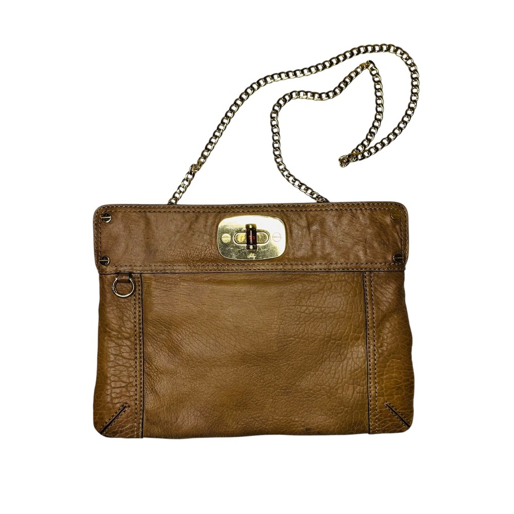 MILLY Brown Leather Clutch Crossbody Chain Bag Gold‎ Handbag Purse Vtg Glam